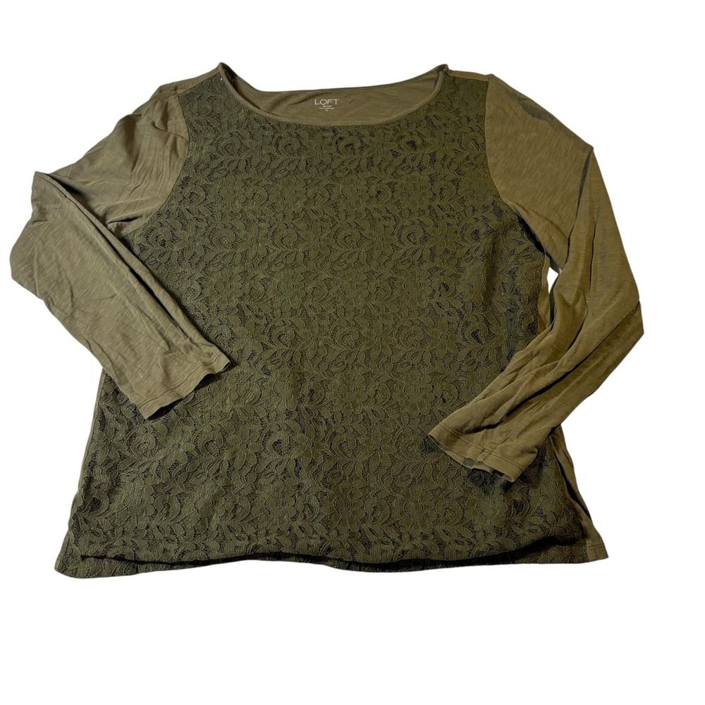 Loft Outlet Women XL Olive Green Floral Lace Front Long Sleeve Cotton Slub Top